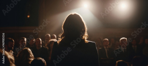 A silhouette of female political leader stands confidently on stage, basking in victory after winning the election. The dim lighting emphasize her authority as she addresses to American crowd photo