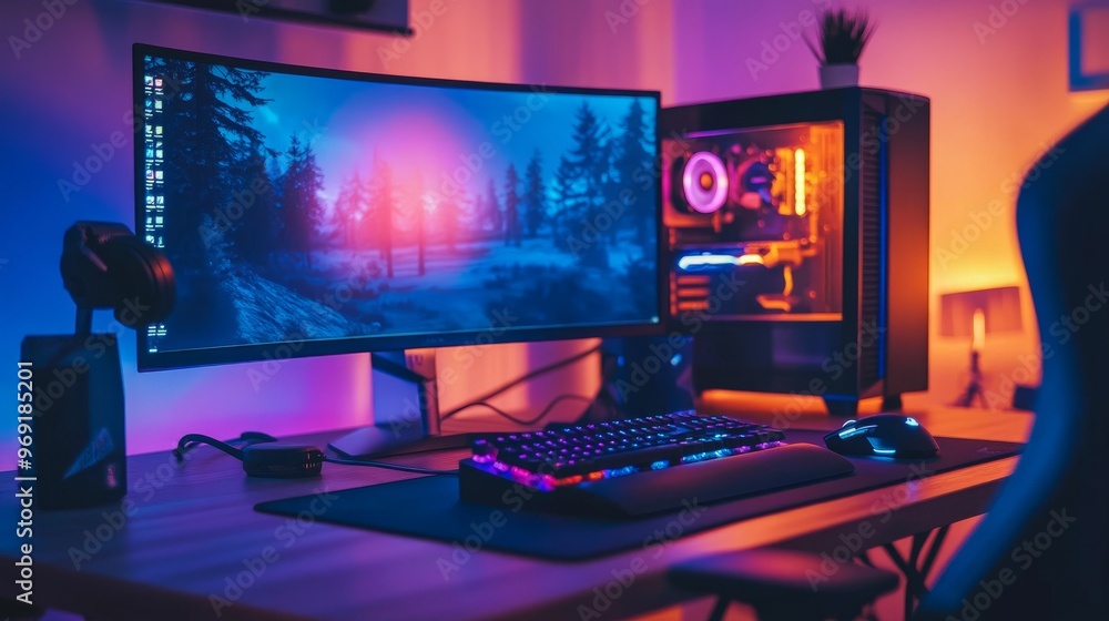 A competitive gaming setup with a mechanical keyboard, professional mouse, and a dual-screen display. A competitive gaming setup with a mechanical keyboard, professional mouse, and a dual-screen display.
