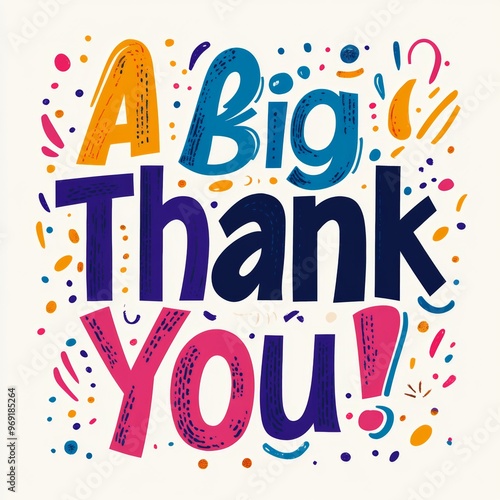 Colorful graphic design expressing gratitude with playful elements.