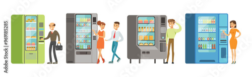 People Character at Vending Machine Buying Snacks Vector Set