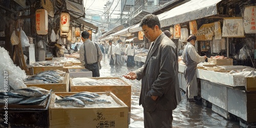 Man in suit walks through fish market.