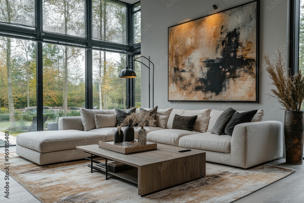 Obraz premium Modern living room with a cozy sofa, coffee table, and large windows.