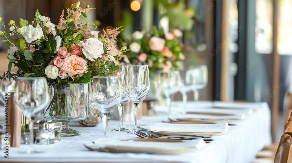 A beautifully set table with a vase of pink roses and other flowers in the center. A beautifully set table with a vase of pink roses and other flowers in the center.