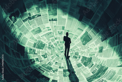 Silhouette of a man standing in a tunnel of newspapers, symbolizing information overload, media influence, and digital news consumption