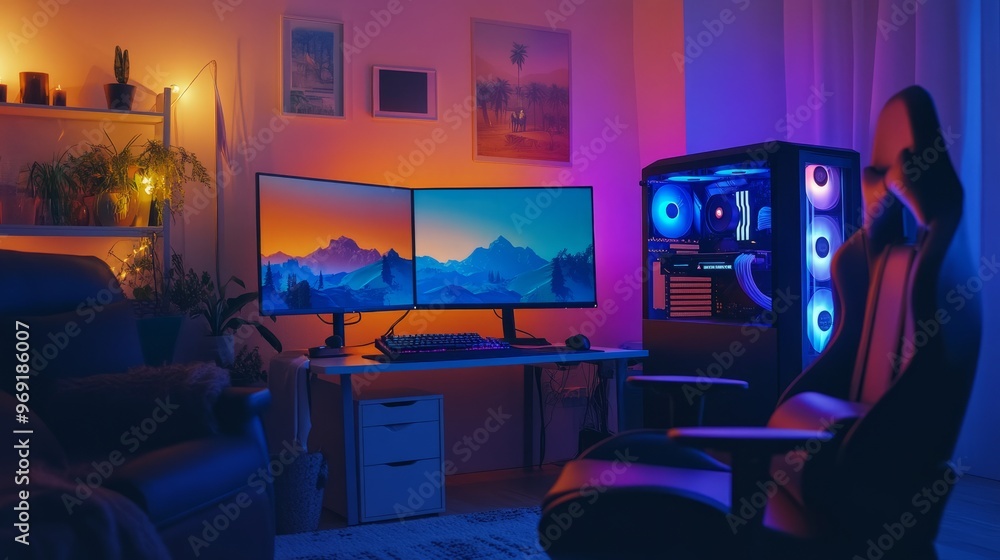 A cozy home gaming corner featuring a custom-built PC, dual monitors, and ambient LED lighting. A cozy home gaming corner featuring a custom-built PC, dual monitors, and ambient LED lighting.