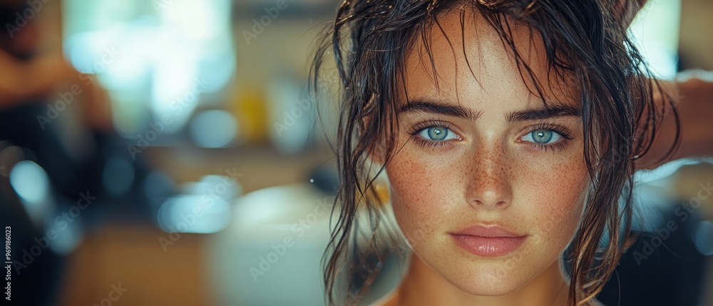 Close-up Portrait of a Woman with Wet Hair and Blue Eyes Close-up Portrait of a Woman with Wet Hair and Blue Eyes