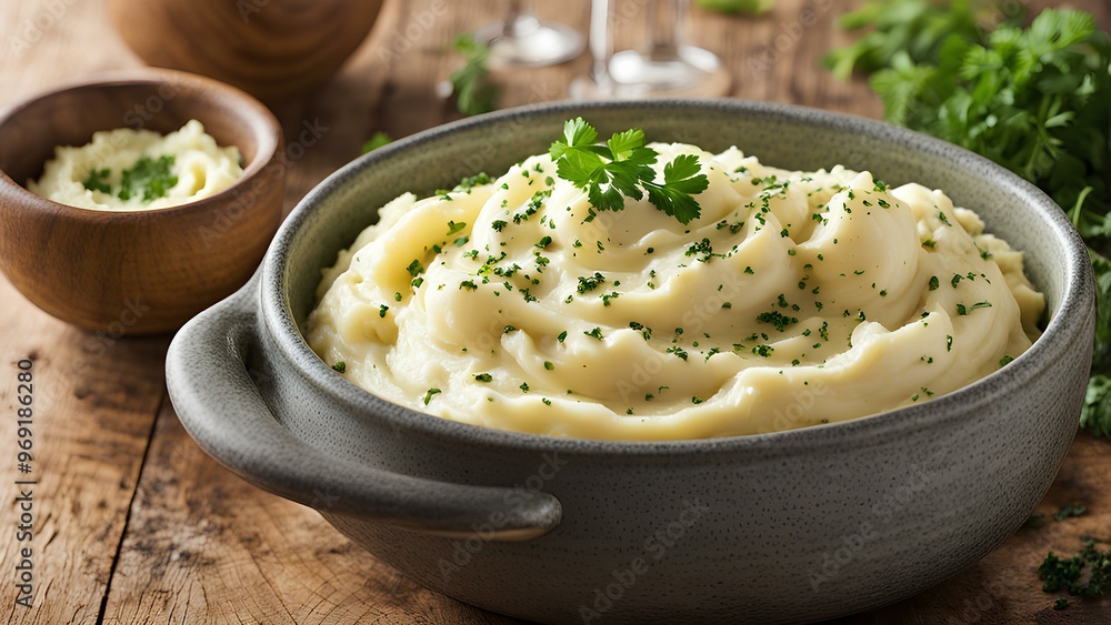 Creamy and smooth mashed potato dish served in a rustic bowl, whipped to perfection with a soft and fluffy texture Creamy and smooth mashed potato dish served in a rustic bowl, whipped to perfection with a soft and fluffy texture