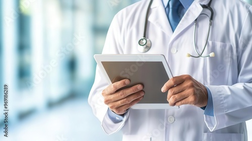 Doctor reviewing patient medical records on a digital tablet, Digital healthcare, electronic medical records, patient care