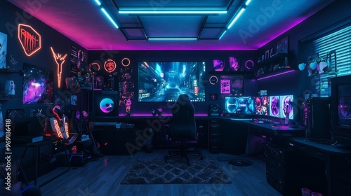 A dark, futuristic gaming room with custom RGB lights, a large screen, and gaming decor lining the walls.