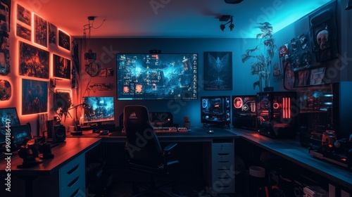 A dark, futuristic gaming room with custom RGB lights, a large screen, and gaming decor lining the walls.