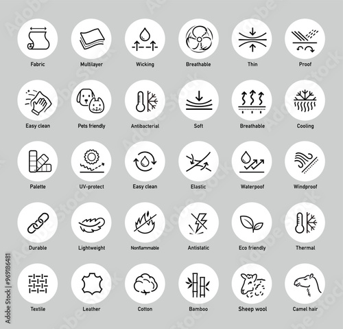 Set icons for functional fabric, clothing. The outline icons are well scalable and editable. Contrasting vector elements are good for different backgrounds. EPS10.