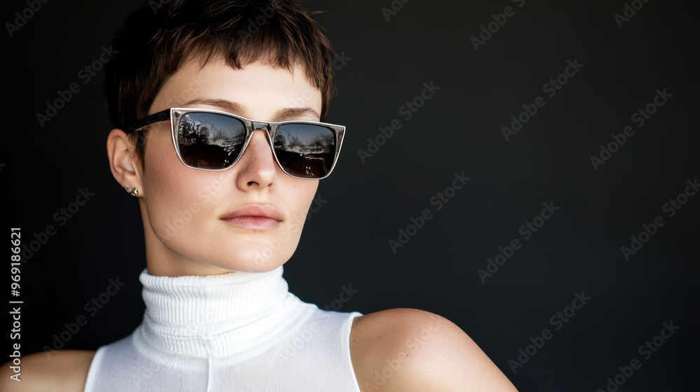 jeune femme aux cheveux court pullover col montant et lunettes de soleil jeune femme aux cheveux court pullover col montant et lunettes de soleil