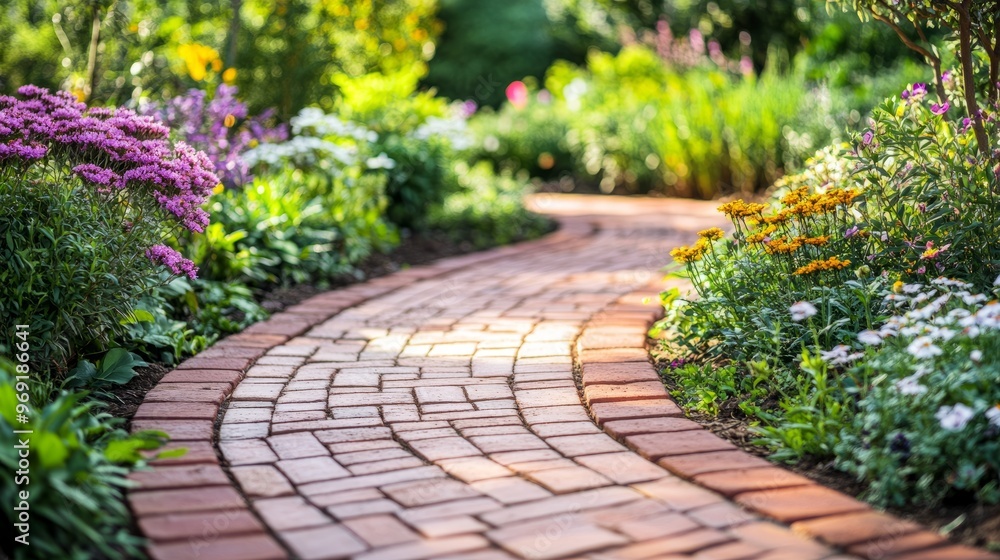 A decorative brick walkway in a large garden, surrounded by greenery and colorful blooming plants. A decorative brick walkway in a large garden, surrounded by greenery and colorful blooming plants.