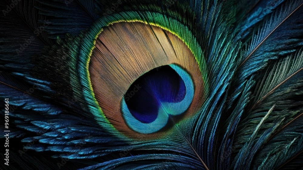 Obraz premium A creative shot of peacock feathers fanned out in an abstract pattern, highlighting the deep blues and vibrant greens.