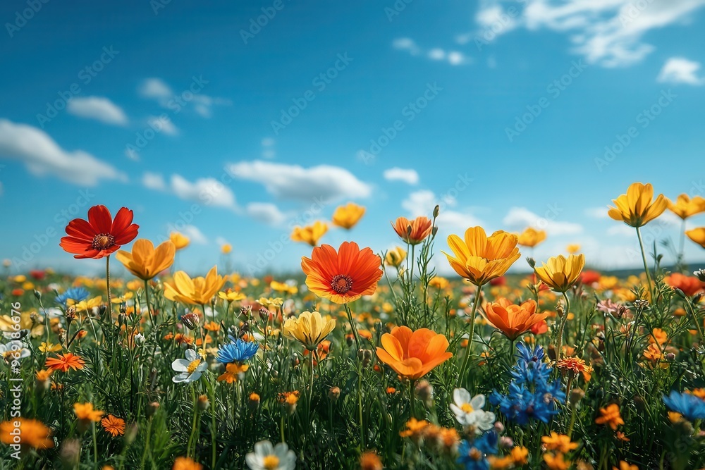 enchanting spring meadow bursting with vibrant wildflowers lush green grass swaying in gentle breeze crystal clear blue sky with wispy clouds sunlight dappling through scene enchanting spring meadow bursting with vibrant wildflowers lush green grass swaying in gentle breeze crystal clear blue sky with wispy clouds sunlight dappling through scene