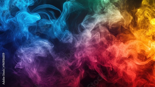 An abstract image of smoke in various vibrant colors swirling together, creating a fluid and artistic pattern against a dark background