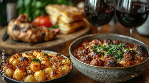 A delicious meal featuring meatballs, potatoes, and wine.