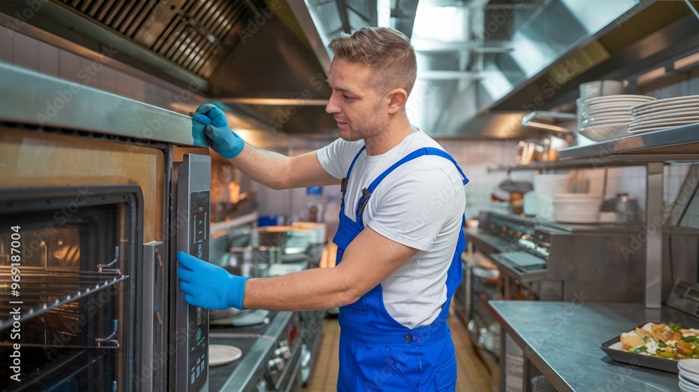 Maintenance worker adjusting settings on a commercial oven in a busy kitchen Maintenance worker adjusting settings on a commercial oven in a busy kitchen