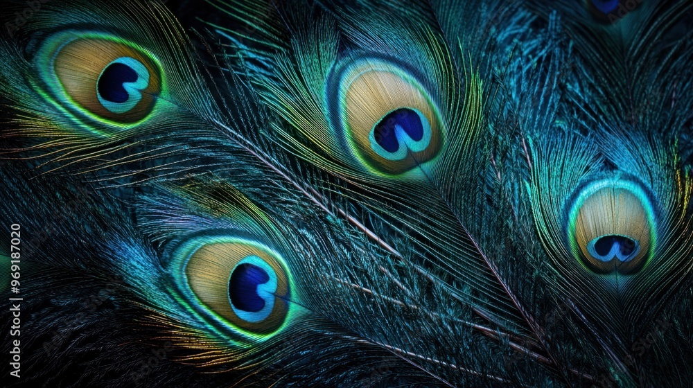 Fototapeta premium A creative shot of peacock feathers fanned out in an abstract pattern, highlighting the deep blues and vibrant greens.