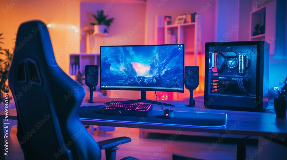 Naklejka premium A dual-monitor gaming setup with a colorful gaming chair, LED strips, and high-end audio speakers.