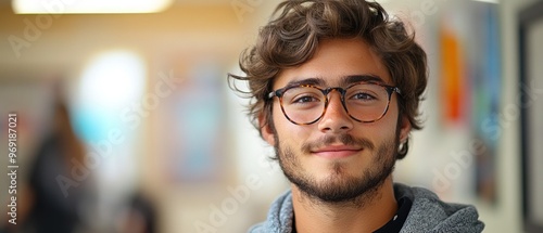 Young man with brown hair and glasses smiling at the camera