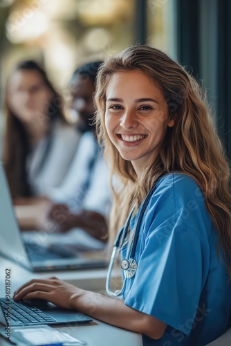 A woman in a blue scrubs is smiling and typing on a laptop. She is a doctor and is working on a computer Free Download A woman in a blue scrubs is smiling and typing on a laptop. She is a doctor and is working on a computer - GFXLoad