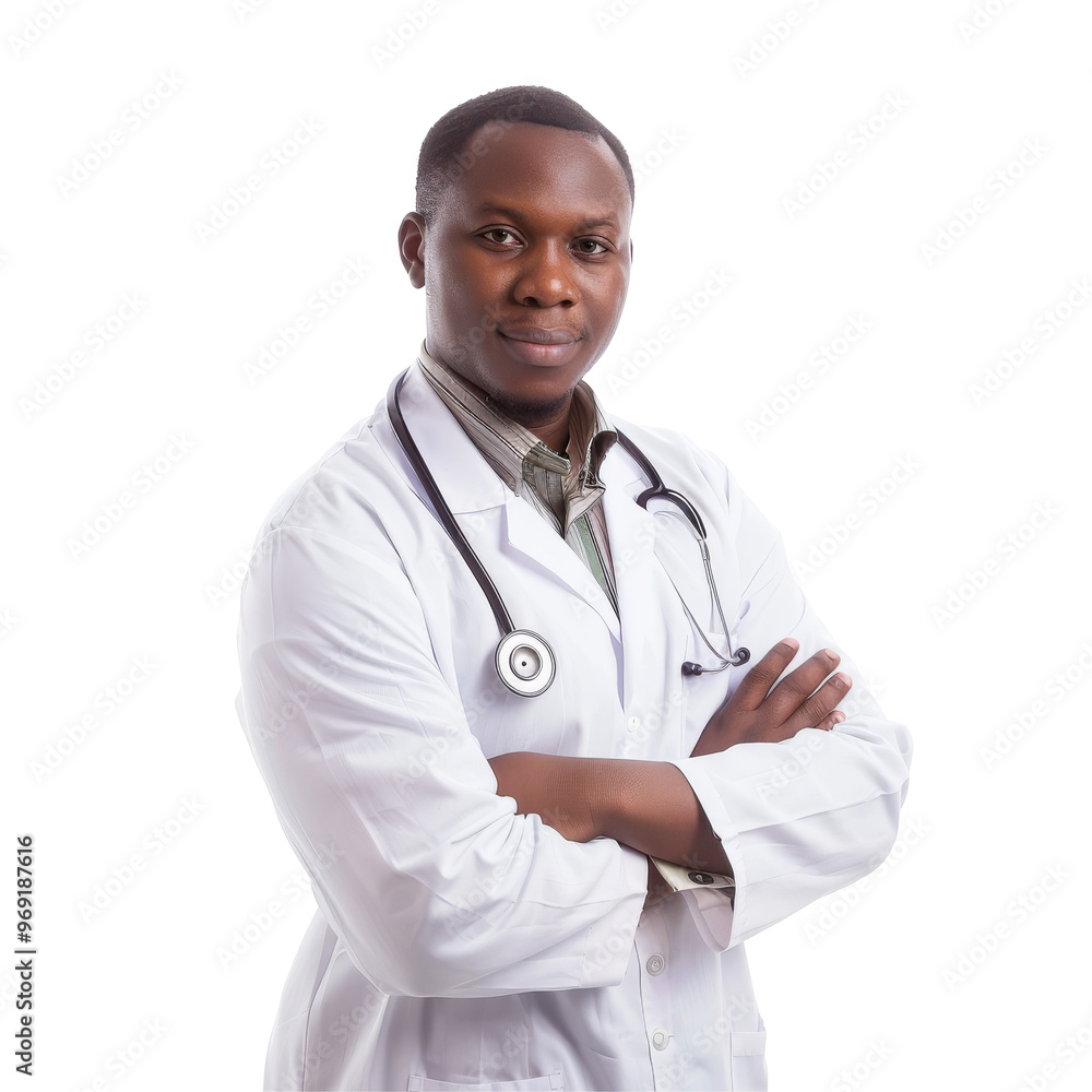Confident Male Doctor with Stethoscope in Medical Uniform. Portrait of an African Male Doctor in Lab Coat Confident Male Doctor with Stethoscope in Medical Uniform. Portrait of an African Male Doctor in Lab Coat
