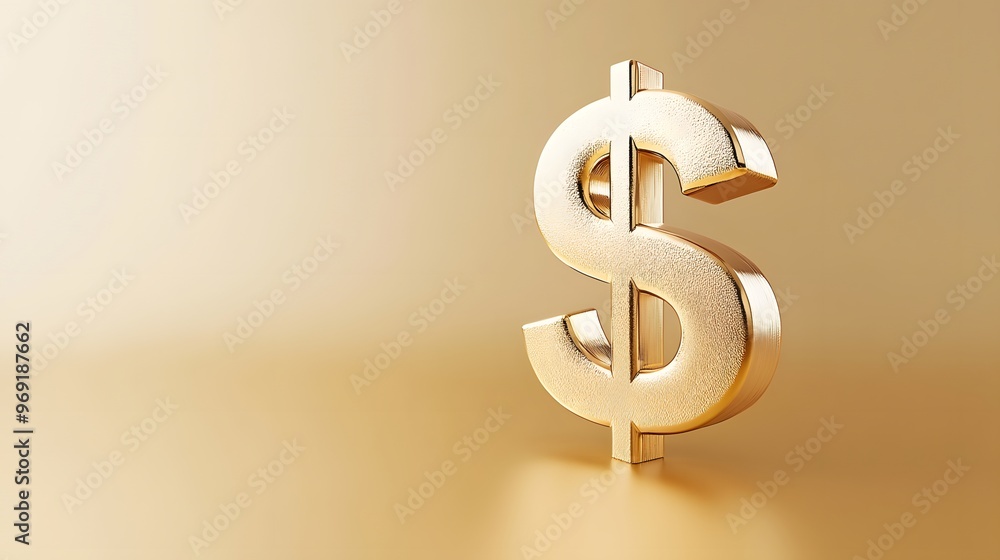 3D white dollar sign on pale gold background on the left, minimalist composition, soft lighting, subtle shadows, financial concept, currency symbol, clean aesthetic. 3D white dollar sign on pale gold background on the left, minimalist composition, soft lighting, subtle shadows, financial concept, currency symbol, clean aesthetic.
