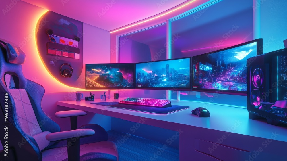 A futuristic gaming setup with three monitors, a colorful keyboard, a glowing mouse, and an ergonomic chair.