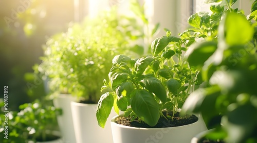 Bright indoor herb garden, vertical planters, lush green plants, basil, thyme, parsley, white containers, sunlit kitchen, fresh herbs, organic home gardening, modern interior.