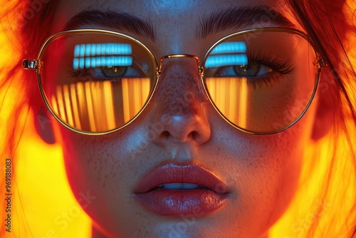 enigmatic womans closeup portrait goldentinted sunglasses reflecting abstract patterns set against bold yellow and red colorblocked background photo