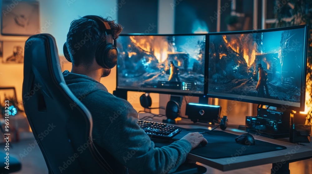 A gamer customizing their setup, arranging monitors and accessories on a modern gaming desk.