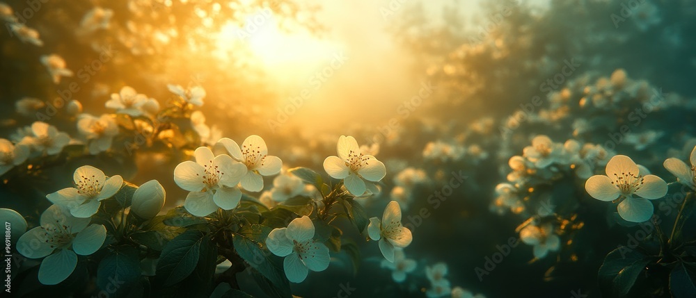 Delicate White Blossoms in Golden Sunlight and Mist Delicate White Blossoms in Golden Sunlight and Mist