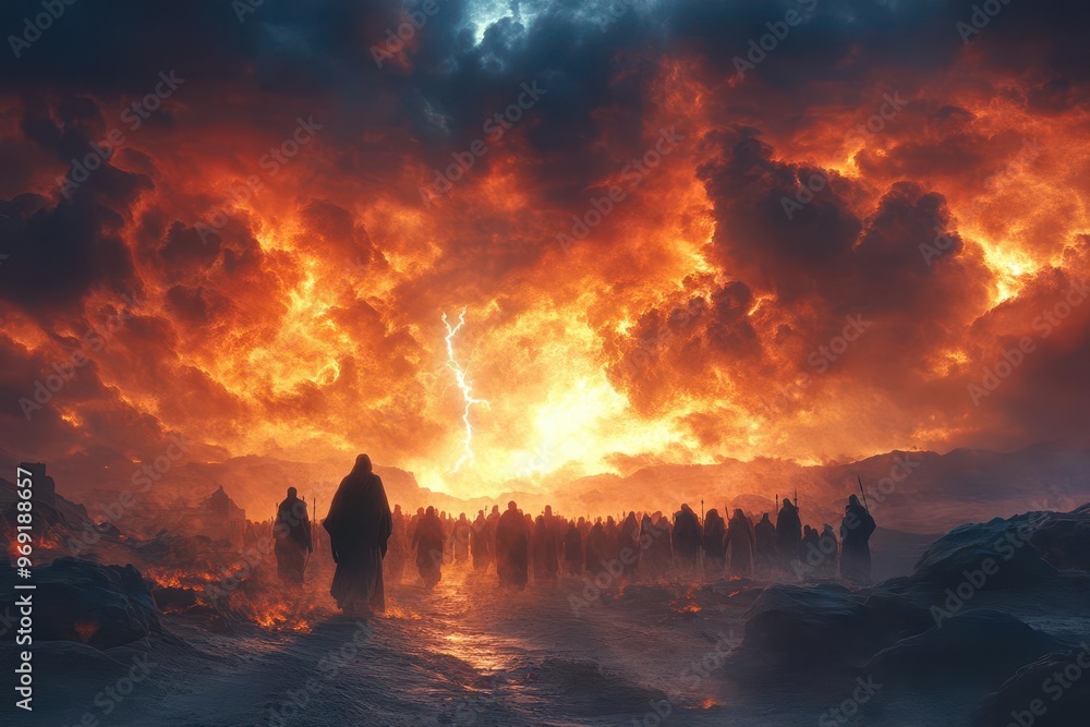 Exod Lightning epic biblical exodus scene silhouetted crowd following moses across ...