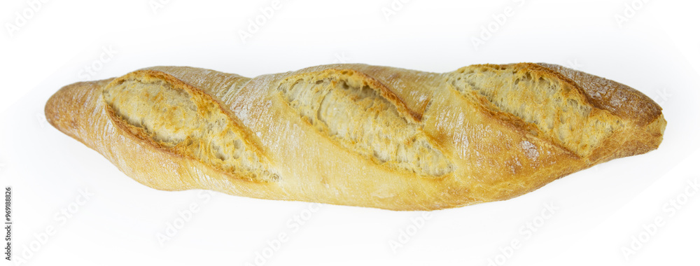 Freshly baked French baguette with a crispy golden crust. Ideal for breakfast and dinner. Traditional homemade white bread. Isolated on a white background. Closeup. With clipping path. Freshly baked French baguette with a crispy golden crust. Ideal for breakfast and dinner. Traditional homemade white bread. Isolated on a white background. Closeup. With clipping path.