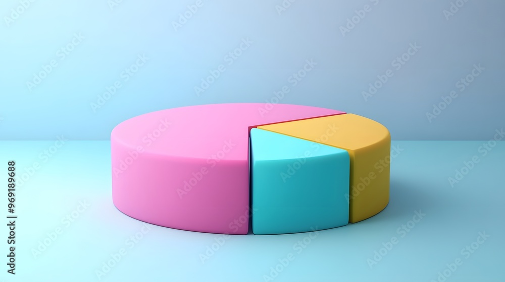 Obraz premium Colorful 3D pie chart, vibrant pastel colors, blue, pink, yellow, green segments, abstract data visualization, minimalist design, soft gradient background, clean aesthetic.