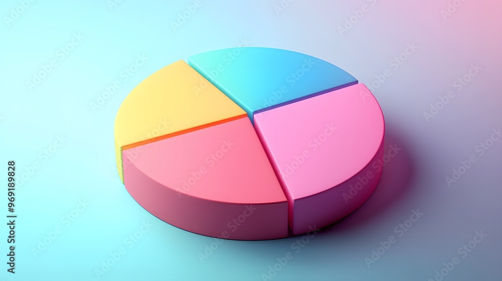 Obraz premium Colorful 3D pie chart, vibrant pastel colors, blue, pink, yellow, green segments, abstract data visualization, minimalist design, soft gradient background, clean aesthetic.