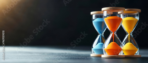 Multiple hourglasses representing different stages of life, symbolizing longterm financial planning, timebased investment strategies, wealth accumulation photo