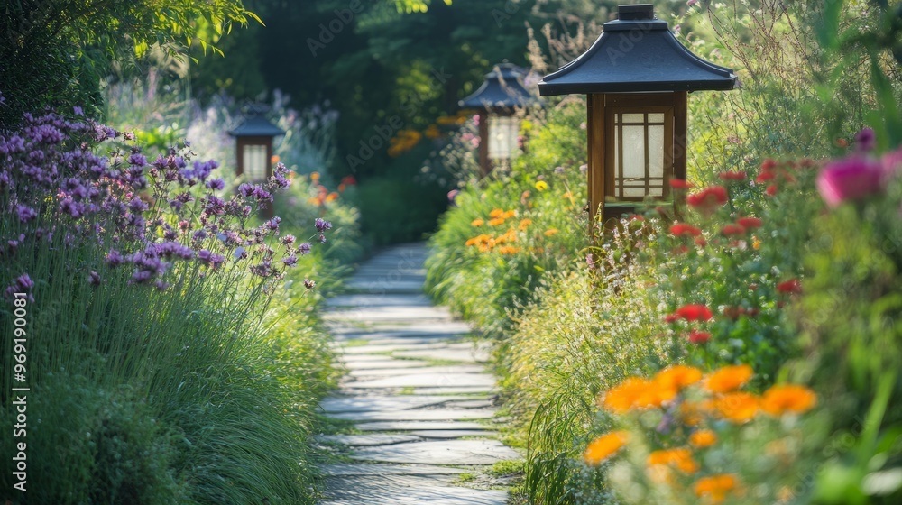 A garden path lined with lanterns, leading through tall grasses and colorful flowers on a sunny day. A garden path lined with lanterns, leading through tall grasses and colorful flowers on a sunny day.