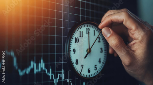 Wallpaper Mural Fingers delicately adjusting a clock hand over a financial graph, symbolizing precision in longterm investments, timing, strategic planning Torontodigital.ca
