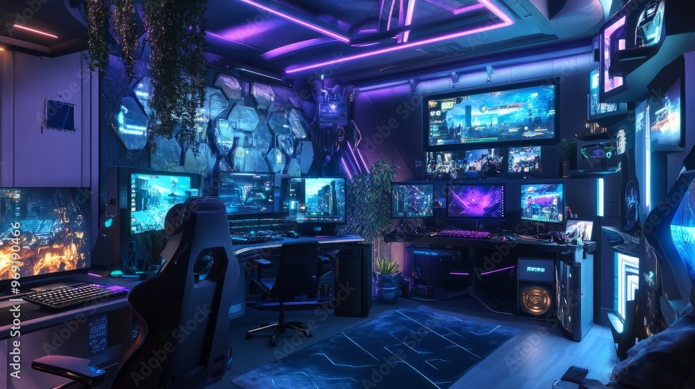 A high-tech gaming room with VR gear, motion sensor lighting, and a dynamic, futuristic setup A high-tech gaming room with VR gear, motion sensor lighting, and a dynamic, futuristic setup