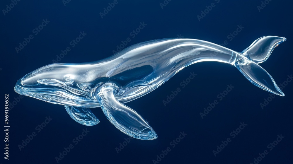 A glass whale with a smooth surface and large fins swimming on a deep blue background A glass whale with a smooth surface and large fins swimming on a deep blue background