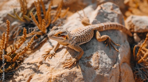 Desert lizard basking on rock amid sunlit desert landscape with plants photo