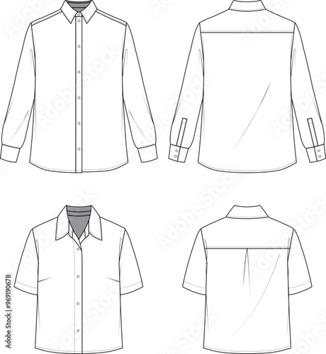 Technical sketch classic button-down shirt template.  Front and back collared shirt set with long sleeves or short sleeves.