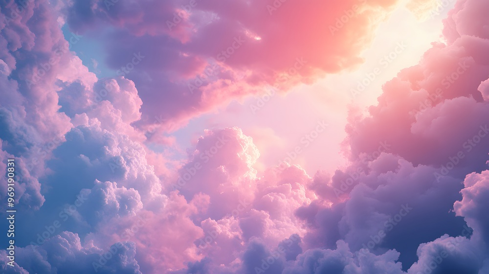 Naklejka premium Dreamy pastel sky, fluffy pink and lavender clouds, bright blue atmosphere, ethereal cloudscape, cotton candy colors, heavenly panorama, celestial beauty, soft gradient.