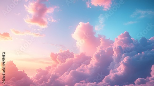 Dreamy pastel sky, fluffy pink and lavender clouds, bright blue atmosphere, ethereal cloudscape, cotton candy colors, heavenly panorama, celestial beauty, soft gradient.