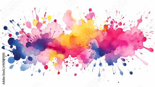 Deep blue, bright pink, and light yellow watercolors scattered in spots isolated on white background. 