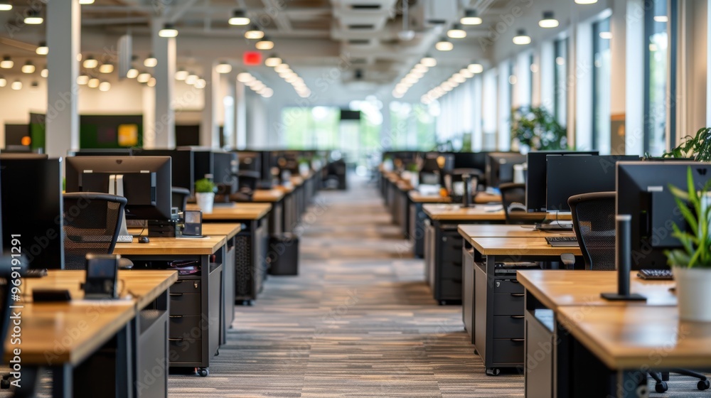 A spacious, modern open-plan office with rows of desks and computer monitors, well-lit with natural light from large windows, designed for a collaborative working environment A spacious, modern open-plan office with rows of desks and computer monitors, well-lit with natural light from large windows, designed for a collaborative working environment