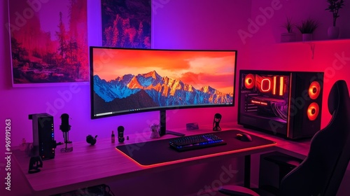 A minimalist gaming table with a single widescreen monitor, RGB lighting, and a compact CPU tower.