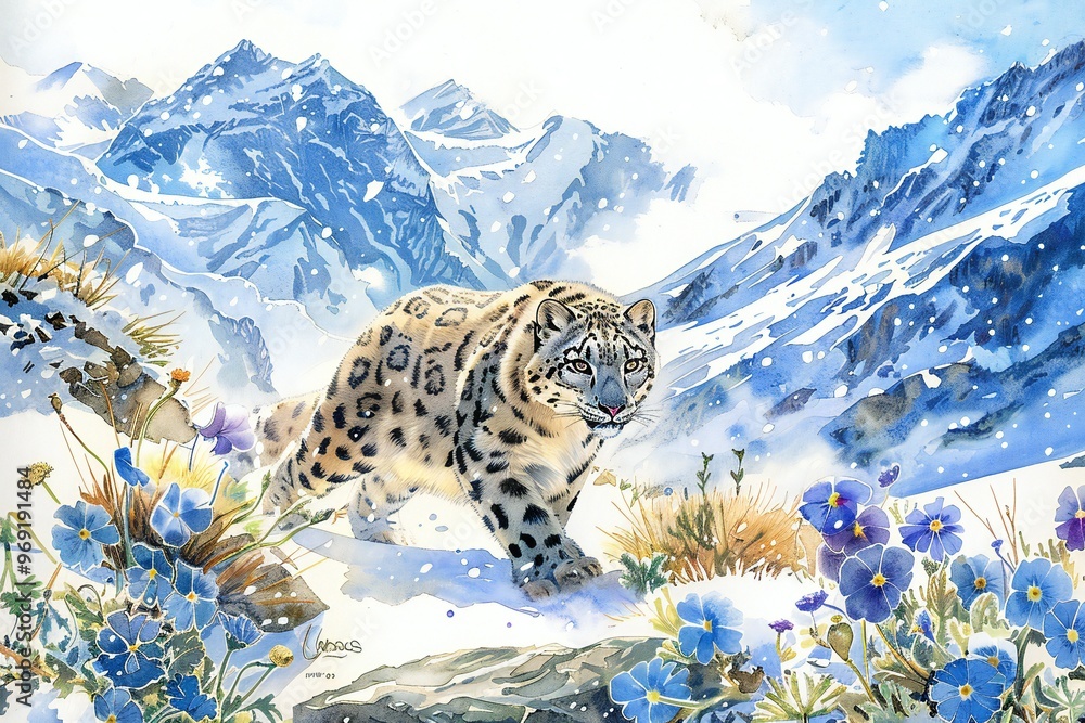 Fototapeta premium Snow Leopard prowling through the snowy peaks of the Himalayas with edelweiss and blue poppies, watercolor illustration, created by ai